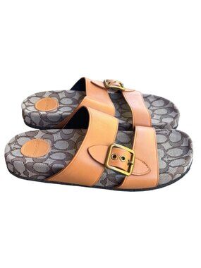 Coach Addison Tan Women's Signature Pattern  Slide Two Strap Sandals Size 7.5B